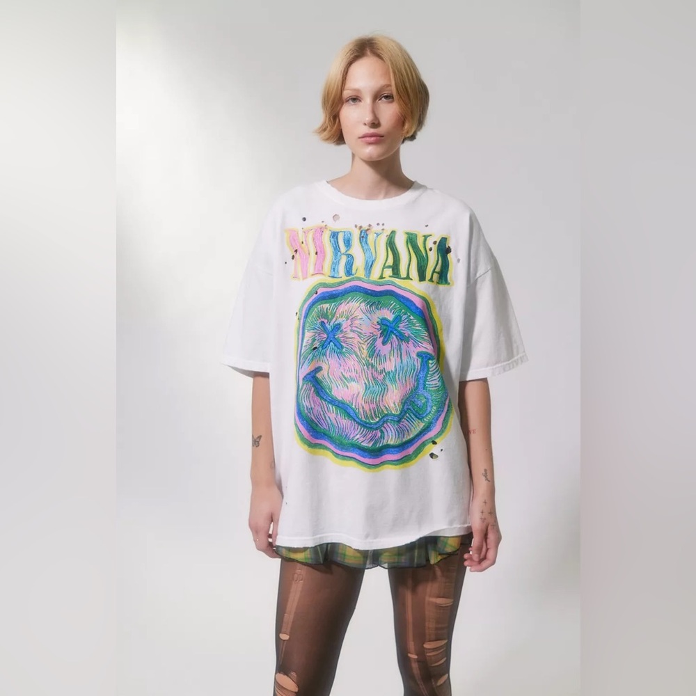 Urban Outfitters White Nirvana Graphic Short Sleeve Tee with Neon Smile